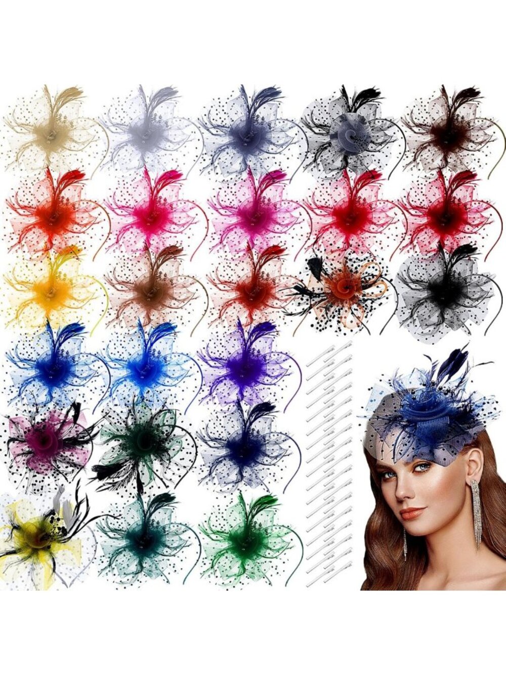 24 Pack Vintage Fascinator Hats for Women - Feather Mesh Tea Party & Derby